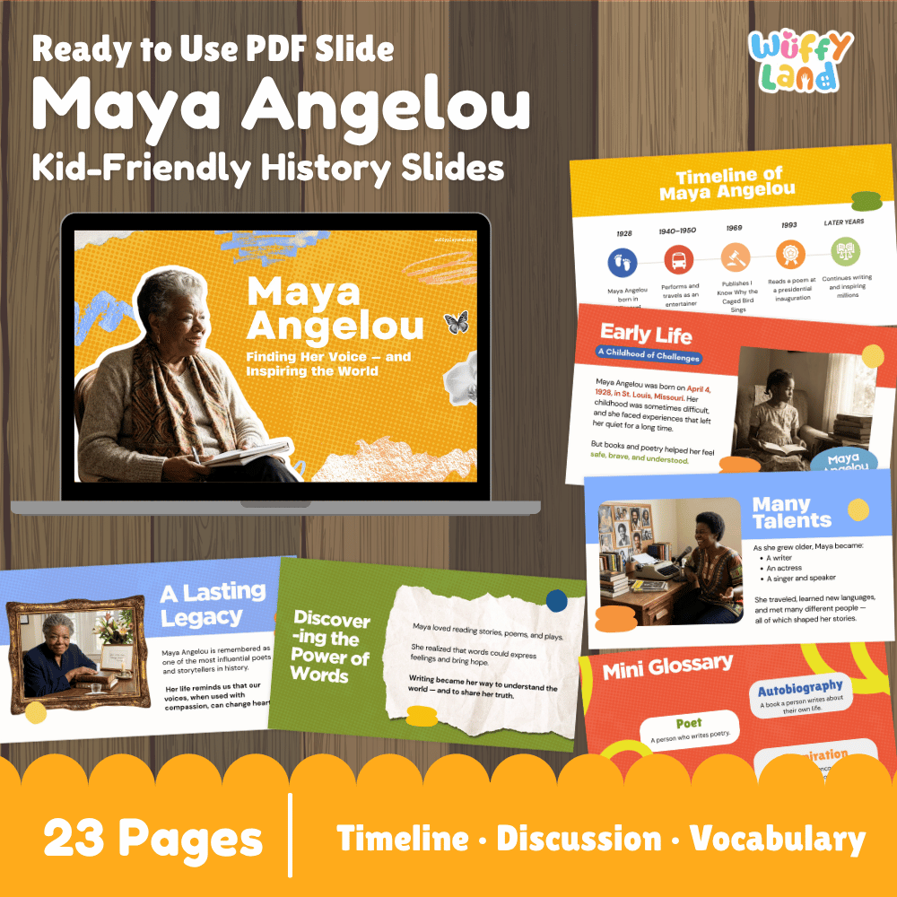 Promotional graphic for a digital product: 'Ready to Use PDF Slide Maya Angelou Kid-Friendly History Slides' by Willy Land. The image shows a laptop mockup with a slide preview, several colorful slide thumbnails, and text indicating 23 pages covering timeline, discussion, and vocabulary.
