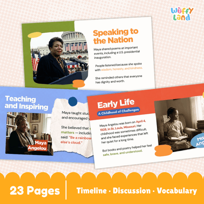 A product preview graphic for a educational resource about Maya Angelou, titled 'Speaking to the Nation' and 'Early Life', with other pages like 'Teaching and Inspiring' and '23 Pages Timeline Discussion Vocabulary'. The layout features colorful cards with text and photos of Maya Angelou, set against a light pink patterned background with a yellow 'Wuffly Land' logo.