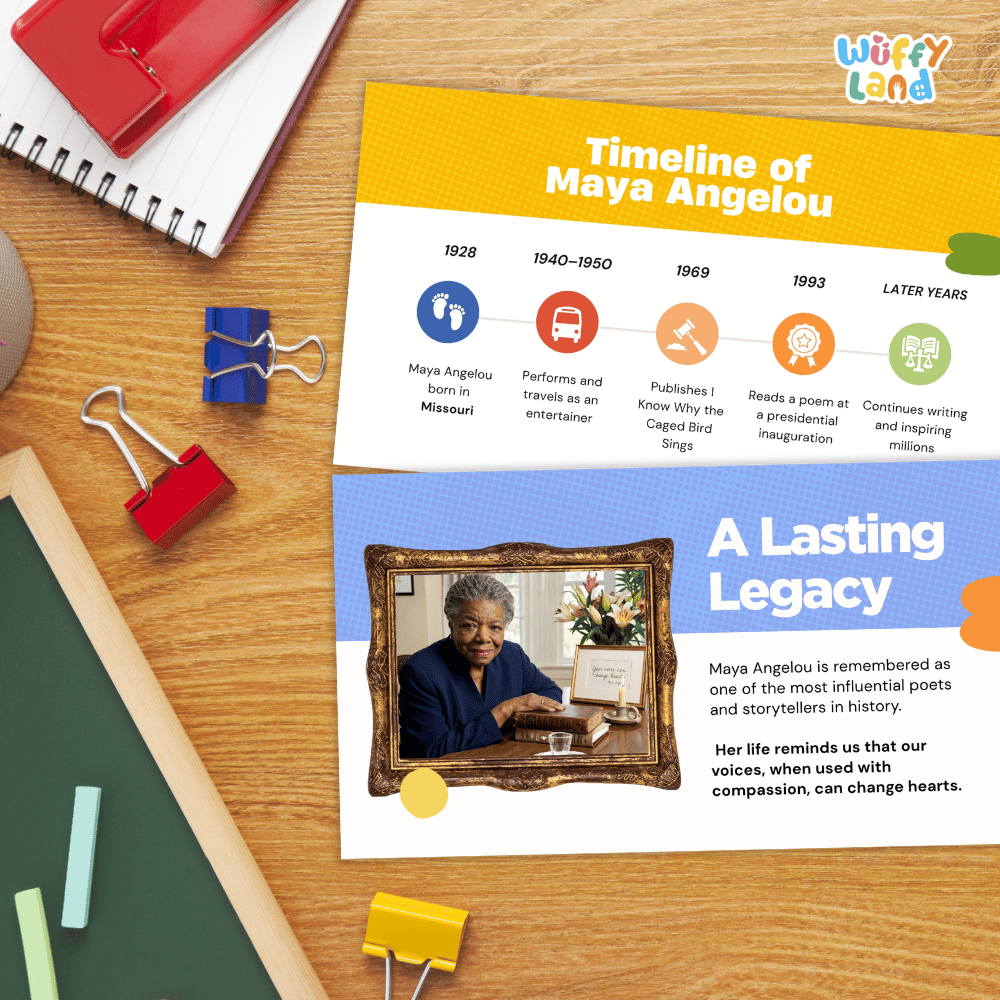 An educational poster titled 'Timeline of Maya Angelou' laid out on a wooden desk with school supplies like a spiral notebook, binder clips, and a green book. The poster features a yellow top section with timeline markers and a blue bottom section with text and a photo of Maya Angelou.