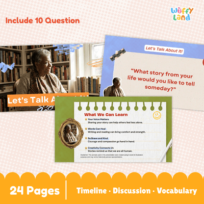 Promotional graphic for a children's book or educational resource titled 'What We Can Learn' by Wuffy Land. The design shows a collage of a woman reading and a child sitting at a desk, alongside sample text panels and a green page preview.
