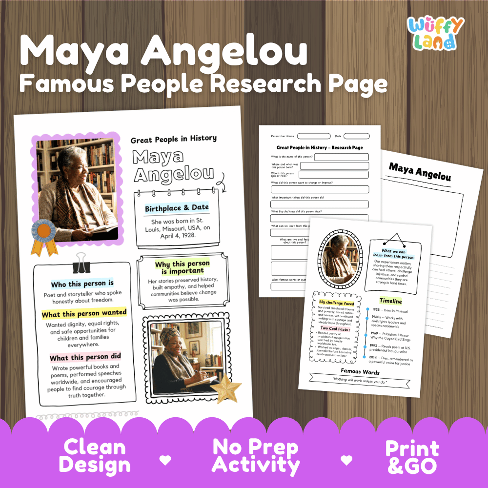 Maya Angelou Famous People Research Page Worksheets and Biography Activity