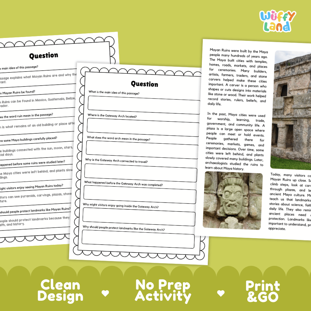 Student reading passage titled Ancient Cities in the Jungle detailing Mayan ruins, ancient calendars, stone temples, and rainforest photography