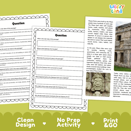 Student reading passage titled Ancient Cities in the Jungle detailing Mayan ruins, ancient calendars, stone temples, and rainforest photography