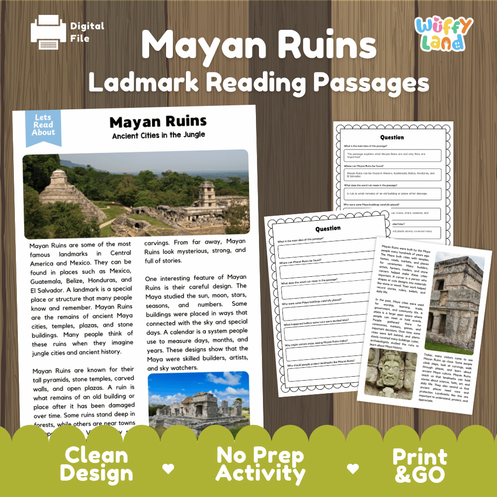 Mayan Ruins landmark reading passages educational study unit featuring nonfiction reading worksheets and authentic ancient jungle pyramid photography