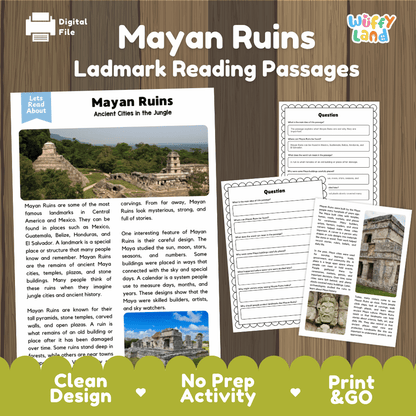 Mayan Ruins landmark reading passages educational study unit featuring nonfiction reading worksheets and authentic ancient jungle pyramid photography