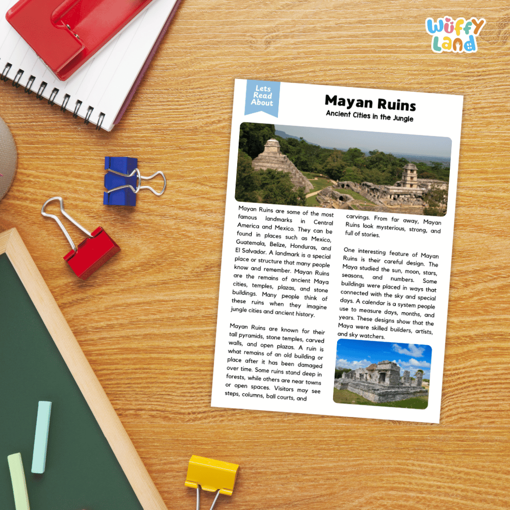Lined reading comprehension question worksheet covering main ideas, vocabulary terms, and landmark facts about Mayan ruins