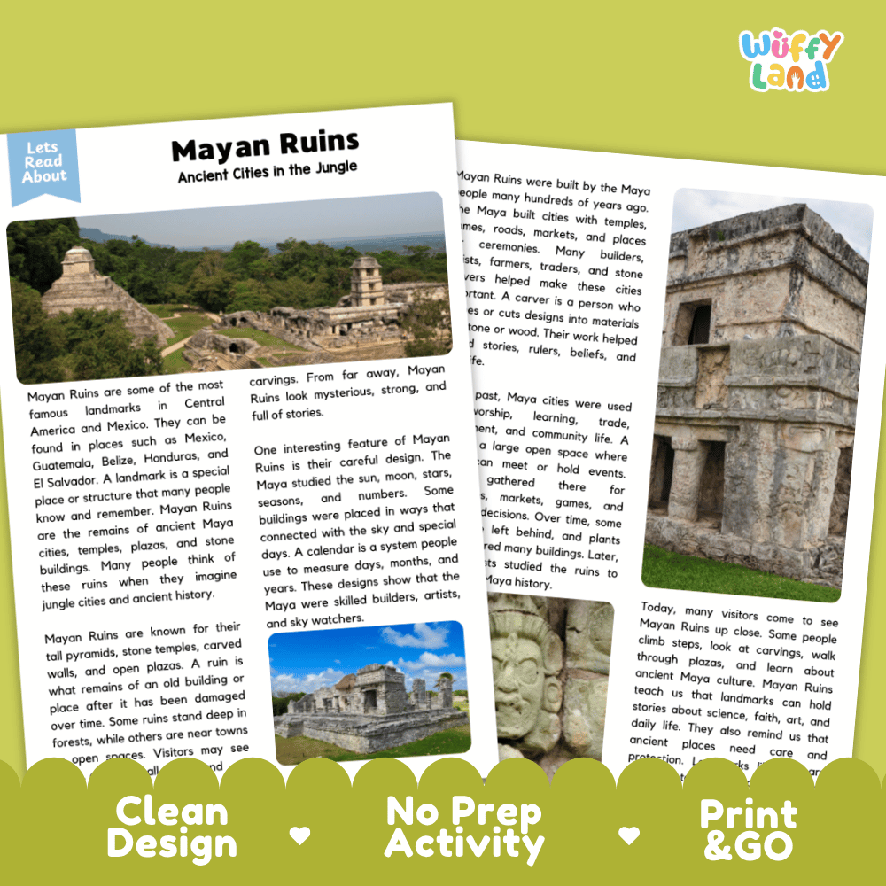 Reference sheet and answer key for Mayan Ruins landmark reading passage displaying completed comprehension answers and ancient Maya civilization facts