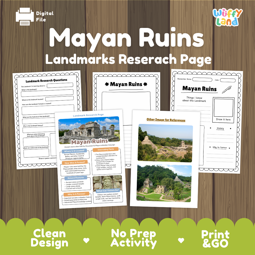 Mayan Ruins Landmark Research Page Worksheets and Fact Sheet Activity
