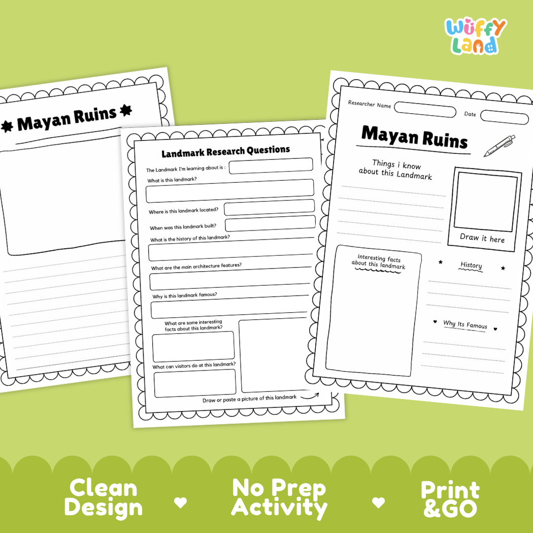 Three printable educational activity sheets for Mayan Ruins displayed on a light green background with decorative scalloped borders and text reading 'Clean Design', 'No Prep Activity', and 'Print & GO'. The sheets are black-and-white worksheet pages with writing areas, a drawing box, and a labeled section for Mayan Ruins.