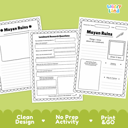 Three printable educational activity sheets for Mayan Ruins displayed on a light green background with decorative scalloped borders and text reading 'Clean Design', 'No Prep Activity', and 'Print & GO'. The sheets are black-and-white worksheet pages with writing areas, a drawing box, and a labeled section for Mayan Ruins.