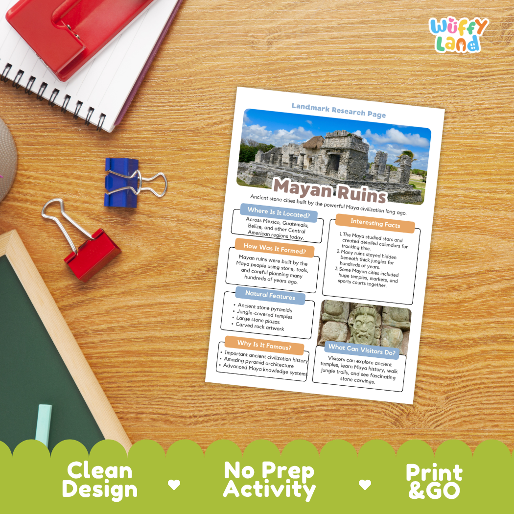 A printed Mayan Ruins landmark research page laid on a wooden desk, surrounded by school supplies including a spiral notebook, blue and red binder clips, and a chalkboard. The page has a colorful layout with text sections and a photo of stone ruins.