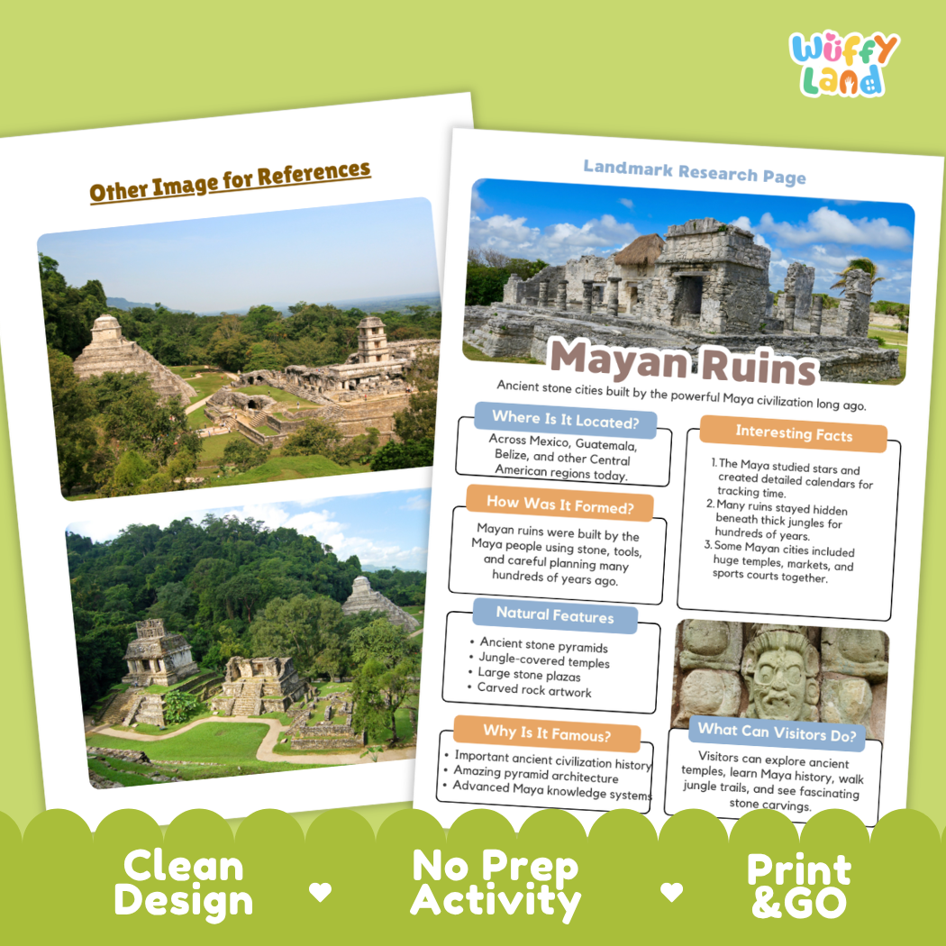 Mayan Ruins educational activity kit packaging and insert page shown on a light green background. The kit includes a printed map, poster, and activity sheet with text and images of the Mayan ruins in Tikal, Guatemala.