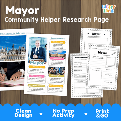 Mayor community helper research page writing worksheets pack featuring real photos and student activity pages for elementary social studies