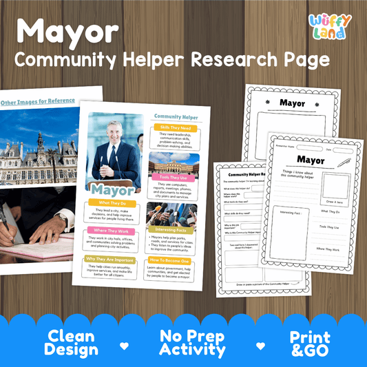 Mayor community helper research page writing worksheets pack featuring real photos and student activity pages for elementary social studies