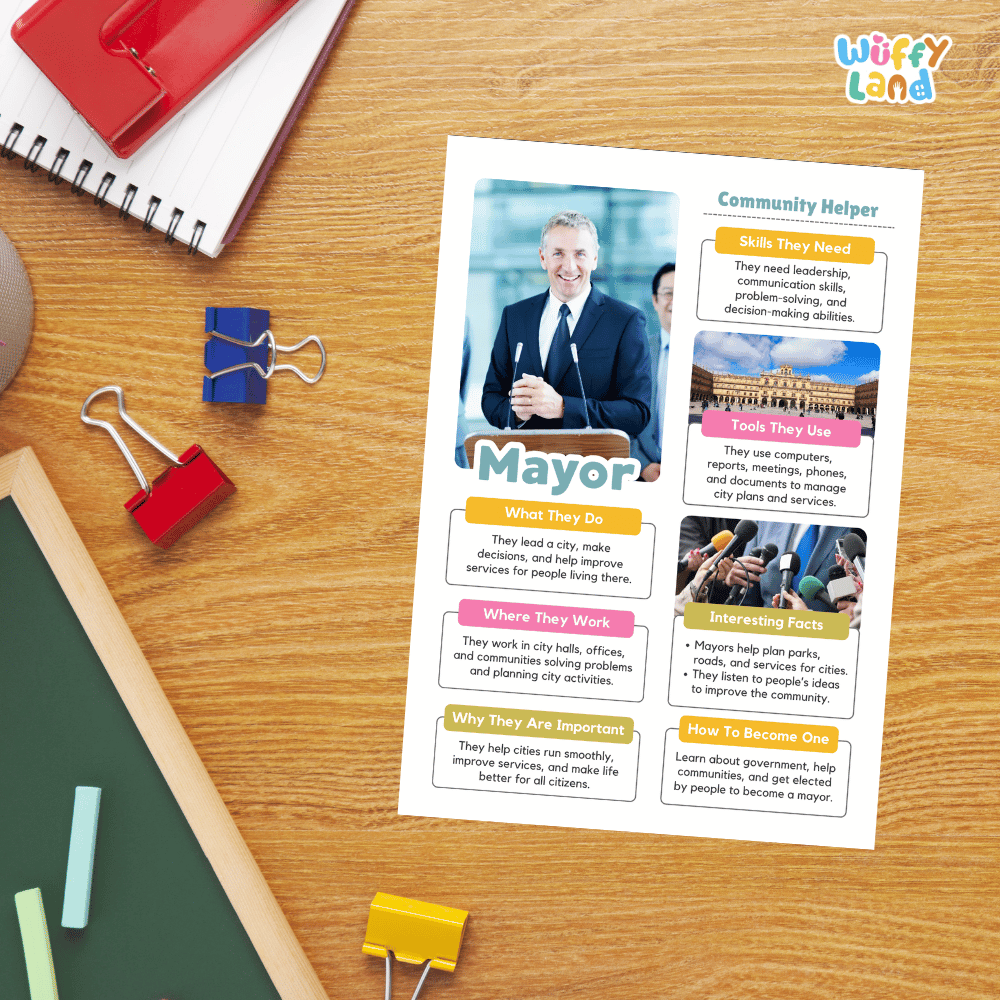 Guided student writing worksheets with lined sections for recording facts and a dedicated box for drawing or pasting a picture of a mayor