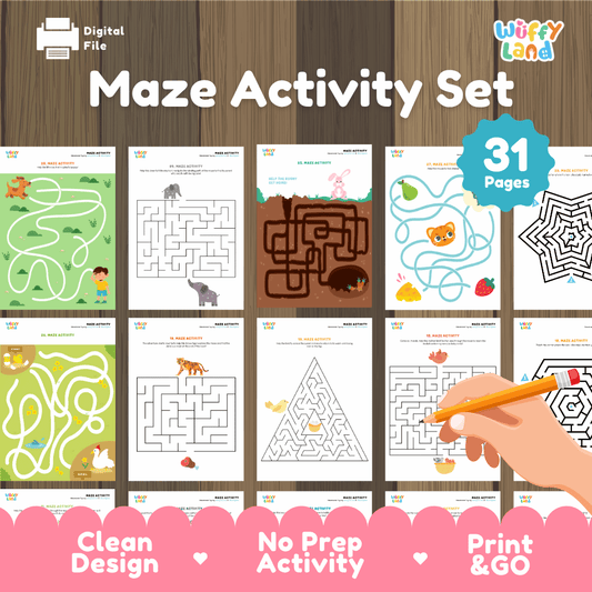Maze activity set printable fine motor and problem solving worksheets pack overview from Wuffy Land featuring 31 pages 🌀✏️
