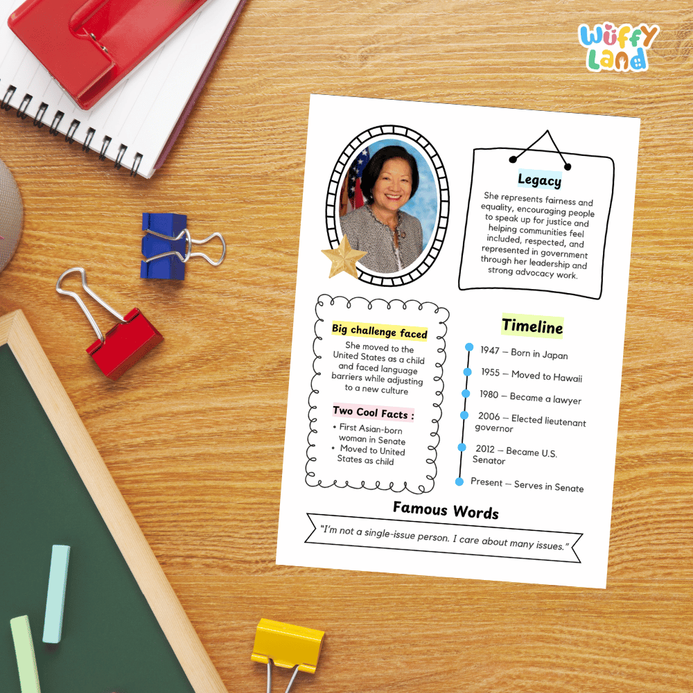 Guided research question worksheet organizer for students to research facts, challenges, and the legacy of Mazie Hirono