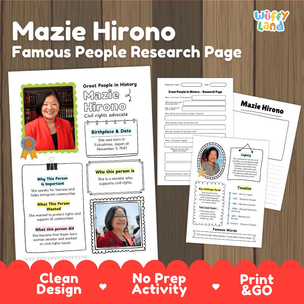 Mazie Hirono biography research worksheets pack featuring graphic organizers, timeline activity, and student writing template