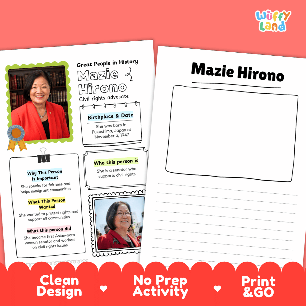 Educational biography summary worksheet featuring a chronological timeline, famous quote, and lined student writing page