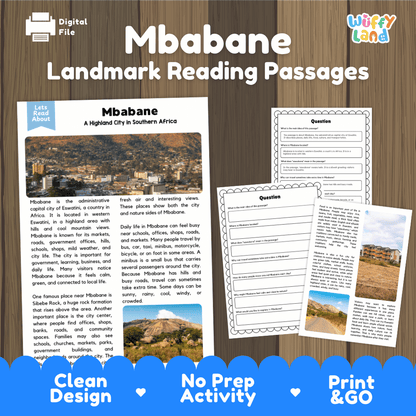 Mbabane landmark reading passage and comprehension worksheet educational unit featuring nonfiction text and authentic Mbabane Eswatini highland photography
