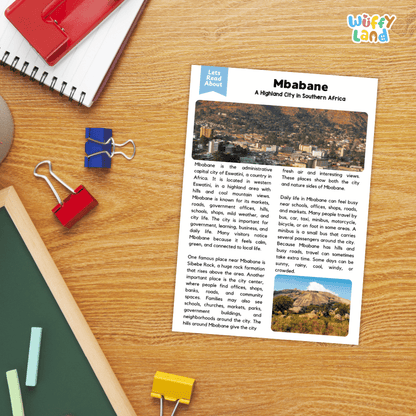 Lined reading comprehension question worksheet covering main ideas vocabulary terms and landmark facts about Mbabane Eswatini