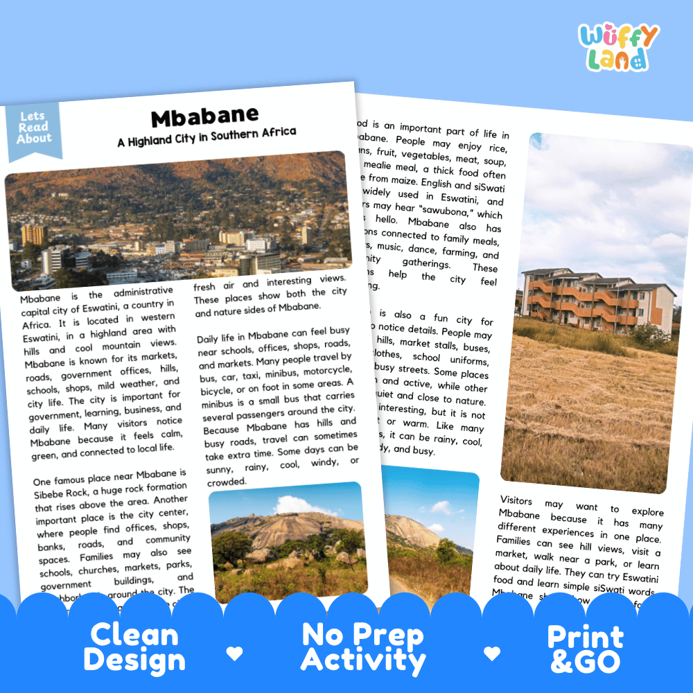 Reference sheet and answer key for Mbabane landmark reading passage displaying completed comprehension answers and African geography facts