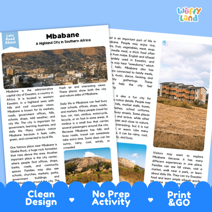 Reference sheet and answer key for Mbabane landmark reading passage displaying completed comprehension answers and African geography facts