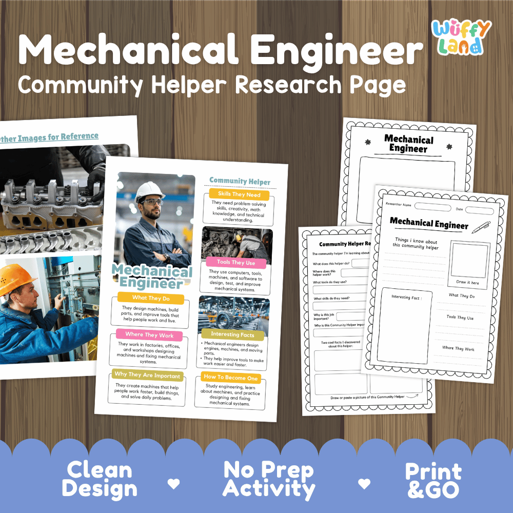 Mechanical engineer community helper research page writing worksheets pack featuring real photos and student activity pages for elementary social studies and STEM