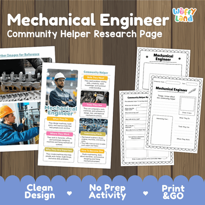 Mechanical engineer community helper research page writing worksheets pack featuring real photos and student activity pages for elementary social studies and STEM