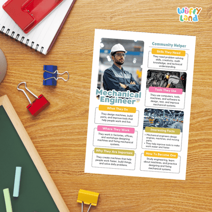 Guided student writing worksheets with lined sections for recording facts and a dedicated box for drawing or pasting a picture of a mechanical engineer