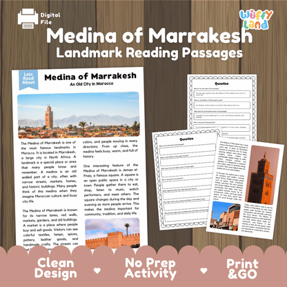 Medina of Marrakesh landmark reading passages educational study unit featuring nonfiction reading worksheets and authentic Moroccan city photography
