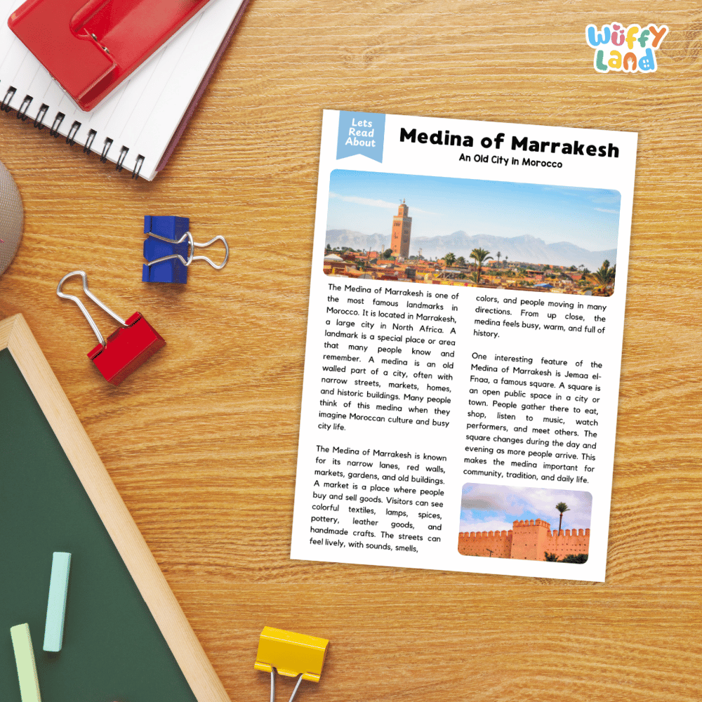 Lined reading comprehension question worksheet covering main ideas vocabulary terms and landmark facts about the Medina of Marrakesh