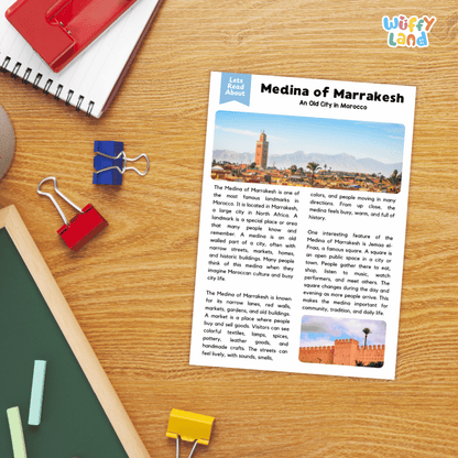 Lined reading comprehension question worksheet covering main ideas vocabulary terms and landmark facts about the Medina of Marrakesh