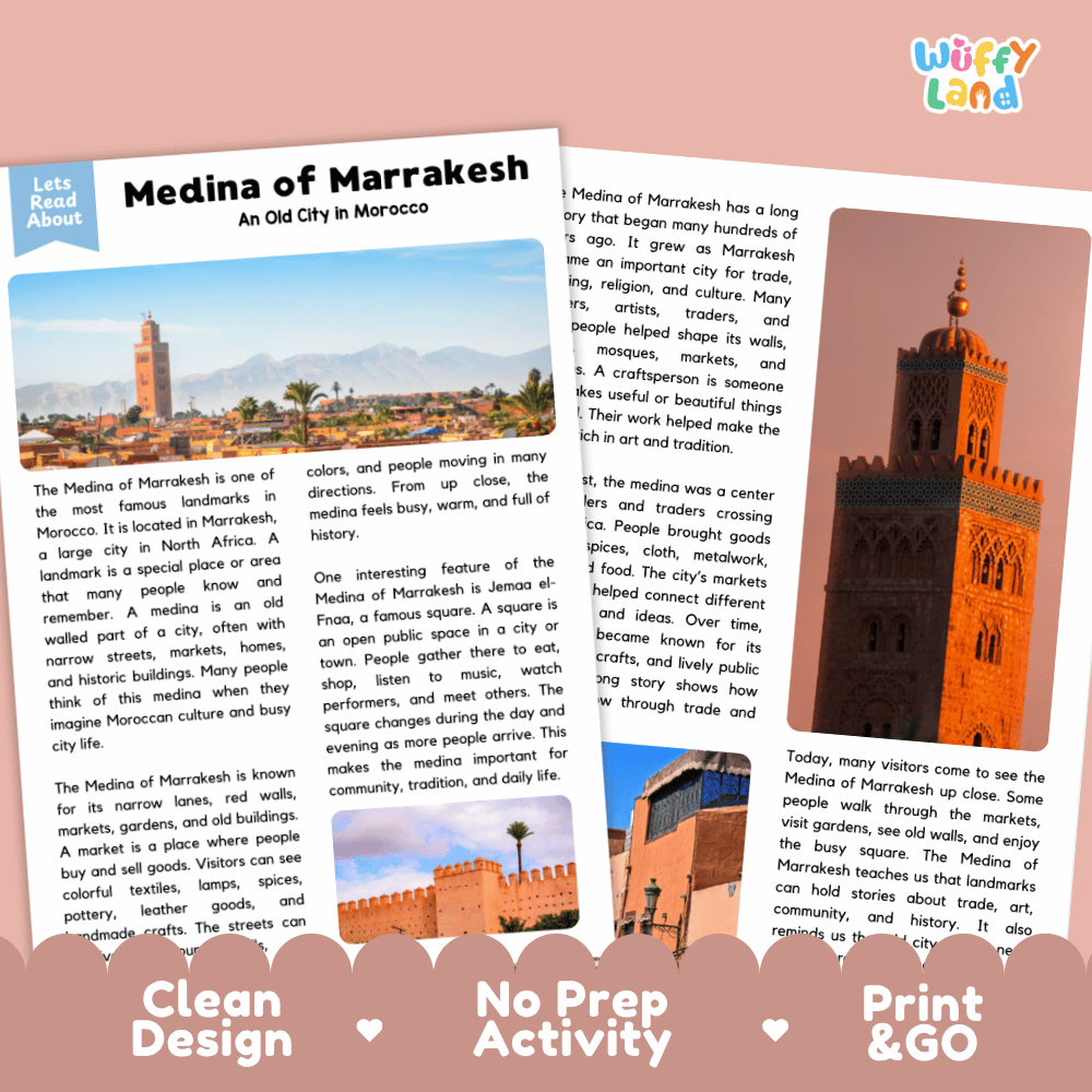 Reference sheet and answer key for Medina of Marrakesh landmark reading passage displaying completed comprehension answers and North African history facts