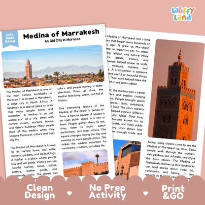 Reference sheet and answer key for Medina of Marrakesh landmark reading passage displaying completed comprehension answers and North African history facts