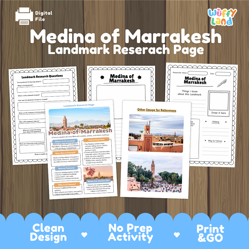 Digital file preview of a 'Medina of Marrakesh Landmark Research Page' activity sheet set by Wiffy Land. The image shows several printable worksheet pages laid out on a wood-grain background, with a blue banner at the bottom highlighting key features like 'Clean Design', 'No Prep Activity', and 'Print & GO'.