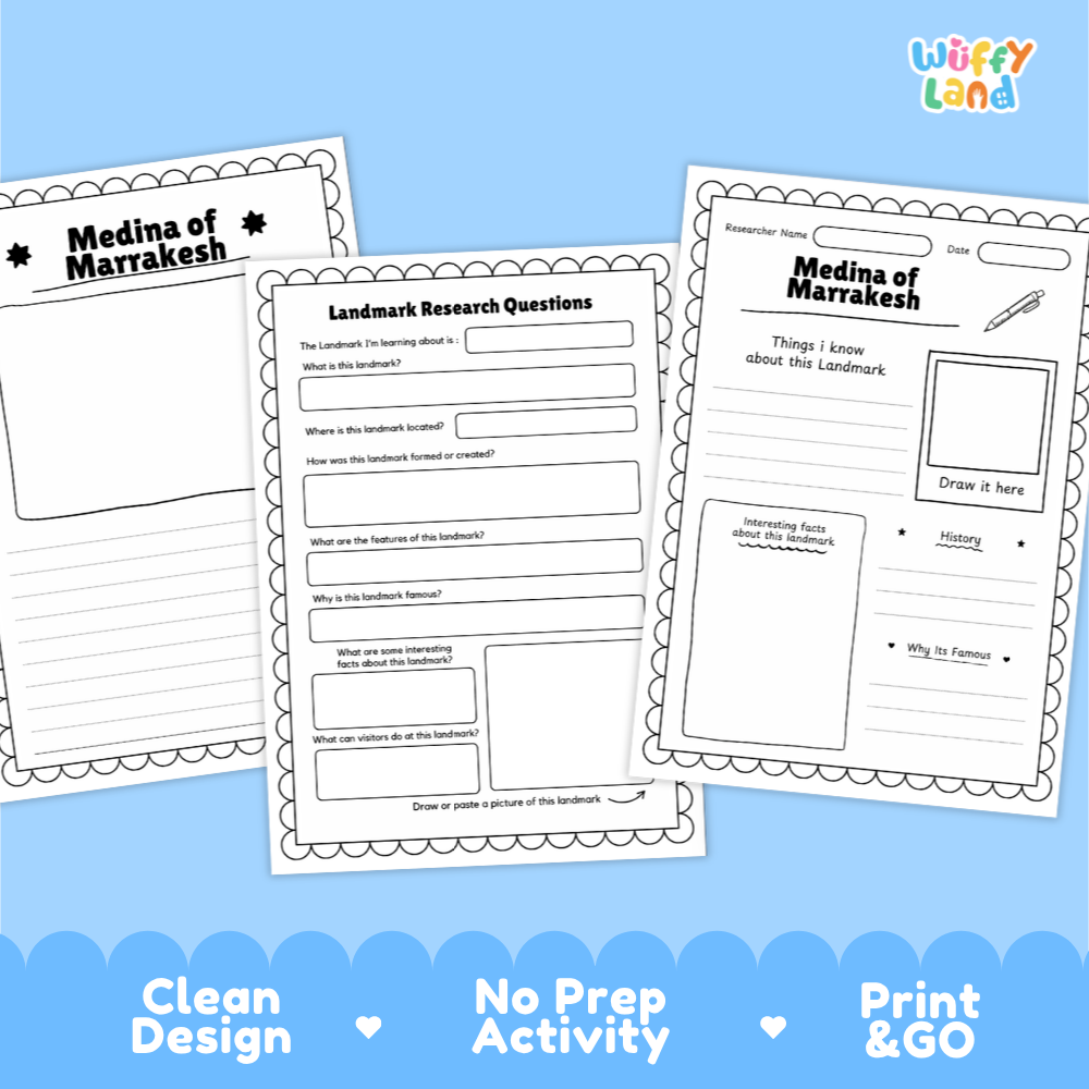Three printable worksheet pages about Medina of Marrakesh arranged on a light blue background with decorative text at the bottom. The sheets are white with black printed text and borders, and the brand name 'Wiffy Land' appears in the top right.