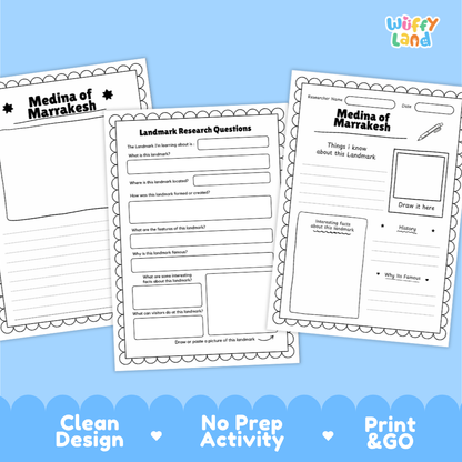 Three printable worksheet pages about Medina of Marrakesh arranged on a light blue background with decorative text at the bottom. The sheets are white with black printed text and borders, and the brand name 'Wiffy Land' appears in the top right.