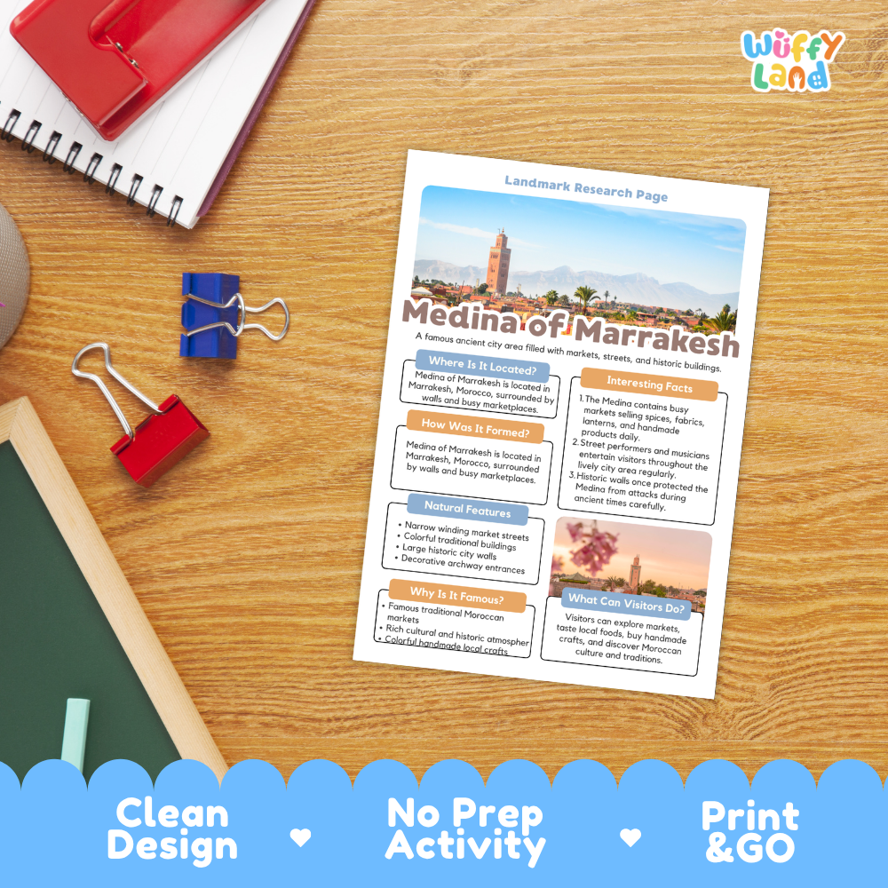 A printed Medina of Marrakesh land research page laid on a wooden desk with school supplies around it, including a spiral notebook, red binder clips, a green chalkboard, and a red notebook. The page has a colorful map and text sections.