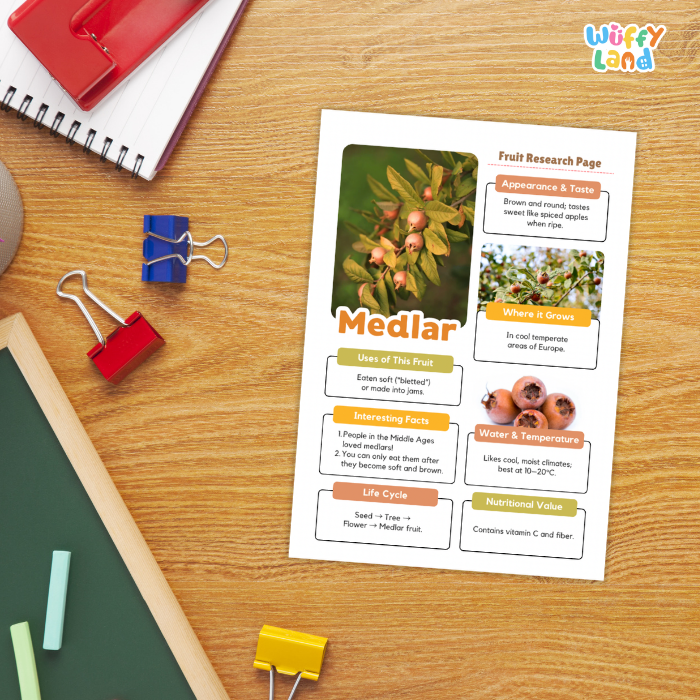 A printed fruit research page about medlar fruit is laid on a wooden desk, surrounded by school supplies including a spiral notebook, binder clips, chalk, and a red folder. The page has a fruit photo, headings, and text boxes about appearance, uses, facts, life cycle, and nutrition.