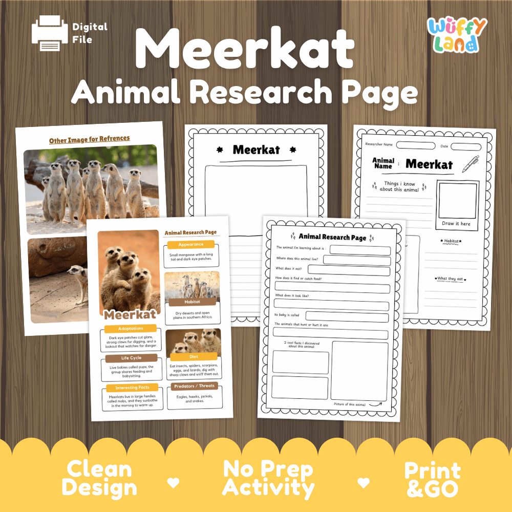 A digital preview of printable educational worksheets titled 'Meerkat Animal Research Page' on a wood-textured background. The image shows multiple worksheet pages with meerkat photos, labeled sections for observation, habitat, diet, and writing prompts, plus a 'Wiffly Land' logo in the top right and marketing text along the bottom.