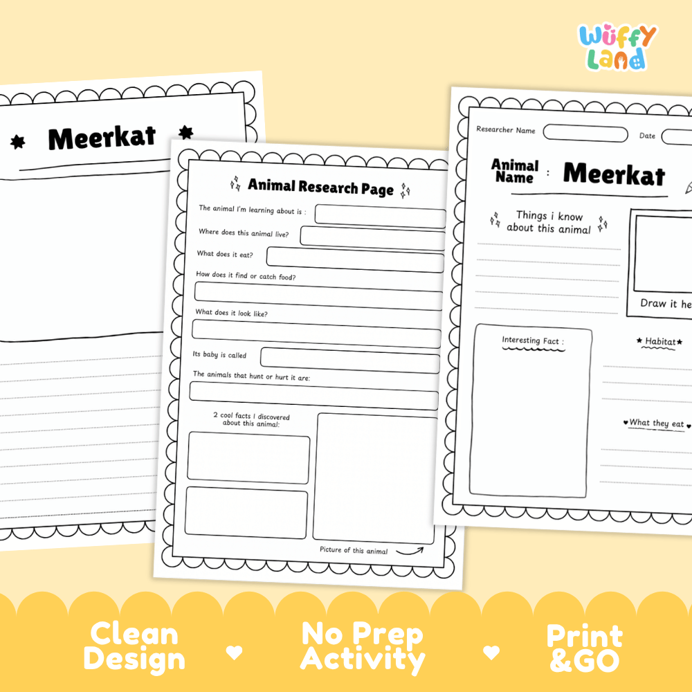 Three printable worksheet pages for an animal research activity, shown overlapping on a pale yellow background. The pages are labeled 'Meerkat' and include writing fields, a drawing box, and a fact box.