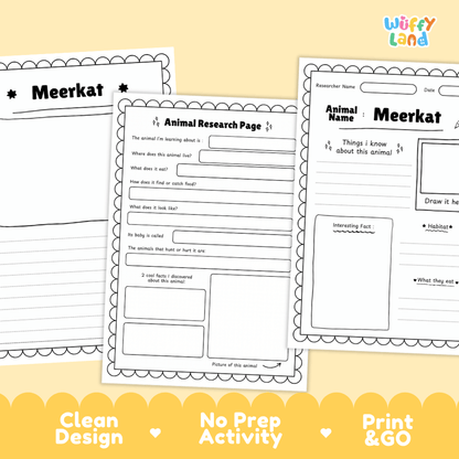 Three printable worksheet pages for an animal research activity, shown overlapping on a pale yellow background. The pages are labeled 'Meerkat' and include writing fields, a drawing box, and a fact box.