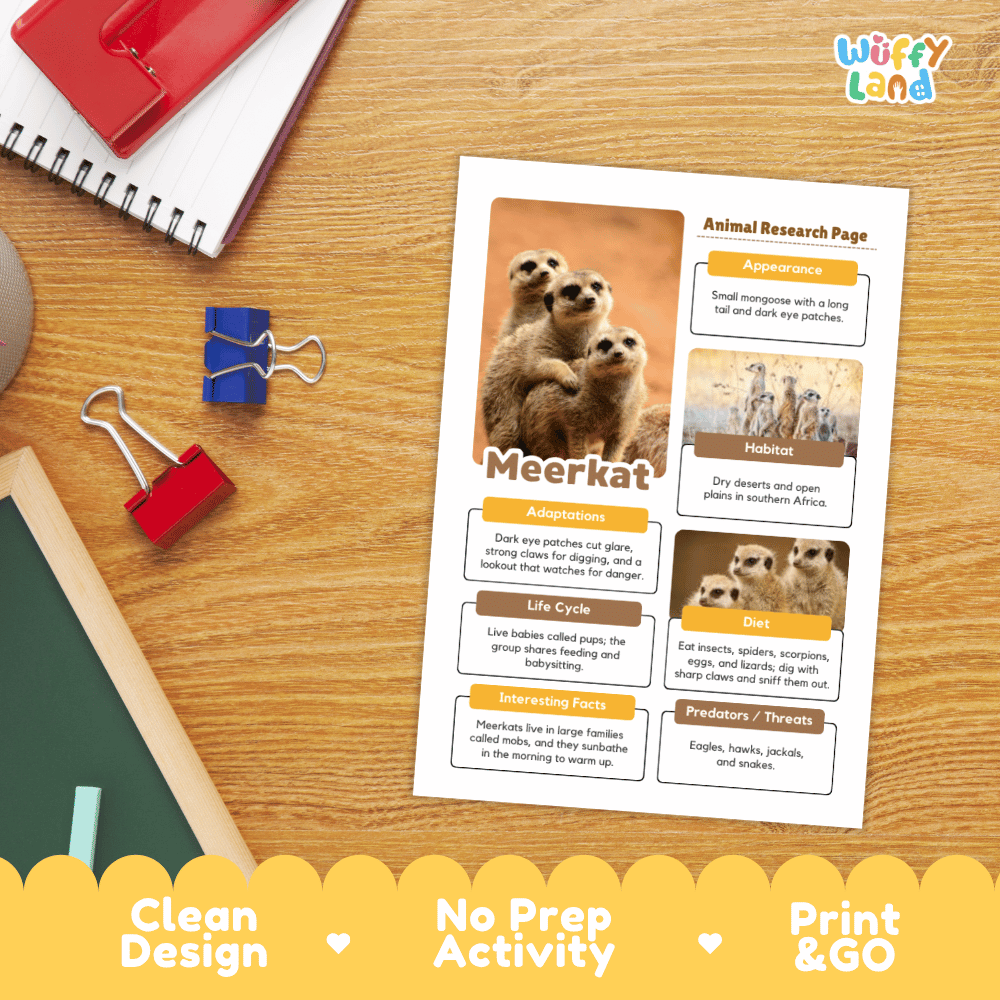 A printed educational worksheet titled 'Animal Research Page' about a meerkat, shown on a wooden desk with notebooks, binder clips, and a chalkboard. The sheet includes a meerkat photo, text sections, and the brand name 'Wiffly land' in the top right corner.