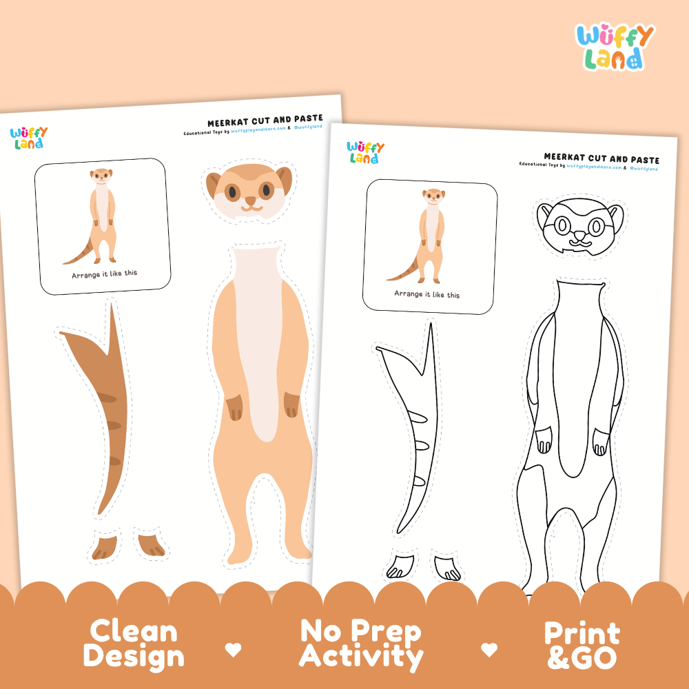 Meerkat Cut and Paste Craft and Coloring Activity Worksheets
