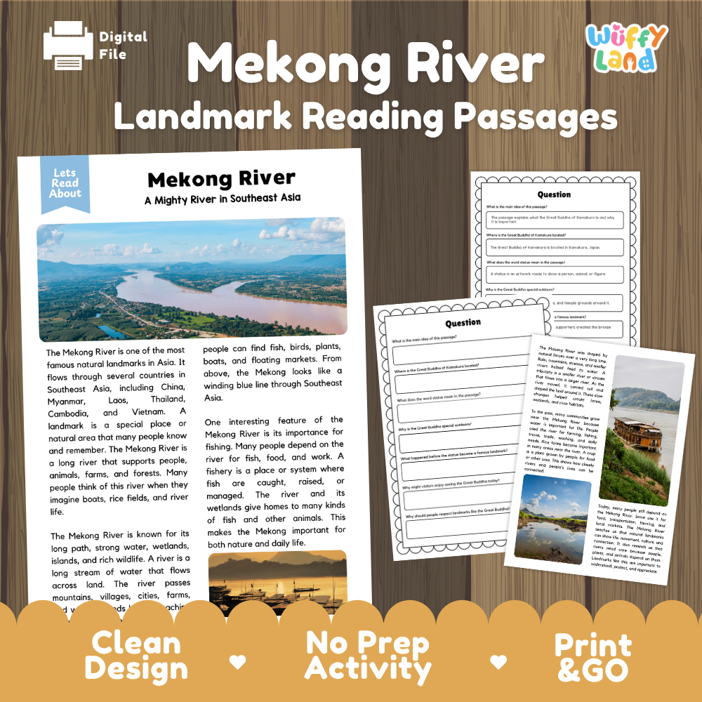 Digital reading activity sheet set about the Mekong River, shown on a wood background with the title 'Mekong River Landmark Reading Passages.' The layout includes a main article page, two worksheet pages, and a small photo insert, with branding for 'Digital File' and 'Wiffly Land.