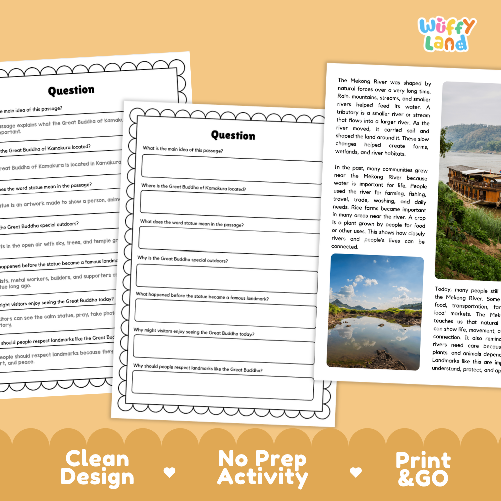 Three printable educational activity sheets for learning about the Great Bubble of Kumari trees in Kamurilau, displayed on a warm orange background with the text 'Clean Design', 'No Prep Activity', and 'Print & Go'. The sheets feature a black and white scalloped border, a central 'Question' header, and text boxes for writing answers.