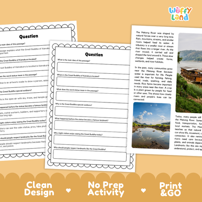 Three printable educational activity sheets for learning about the Great Bubble of Kumari trees in Kamurilau, displayed on a warm orange background with the text 'Clean Design', 'No Prep Activity', and 'Print & Go'. The sheets feature a black and white scalloped border, a central 'Question' header, and text boxes for writing answers.