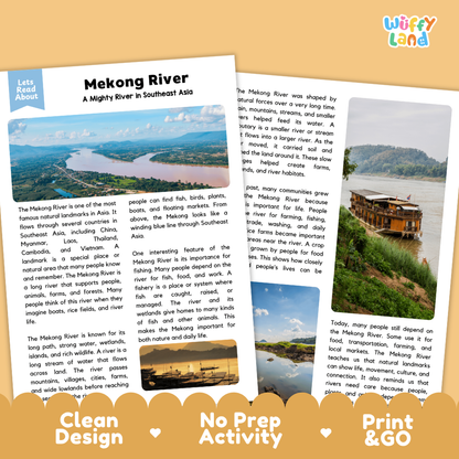 Three educational reading activity cards about the Mekong River, displayed on a white background with a 'Wuffly Land' brand logo at the bottom. The cards feature a blue header with a photograph of the river and its surrounding landscape, followed by text sections and a white footer with 'Clean Design', 'No Prep Activity', and 'Print & Go' highlighted with heart icons.