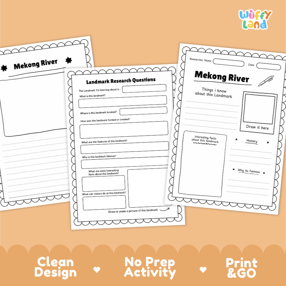Three printable educational activity sheets for learning about Mekong River landmarks, displayed on a peach background with promotional text at the bottom. The sheets include writing prompts, a map drawing area, and a landscape sketch box.